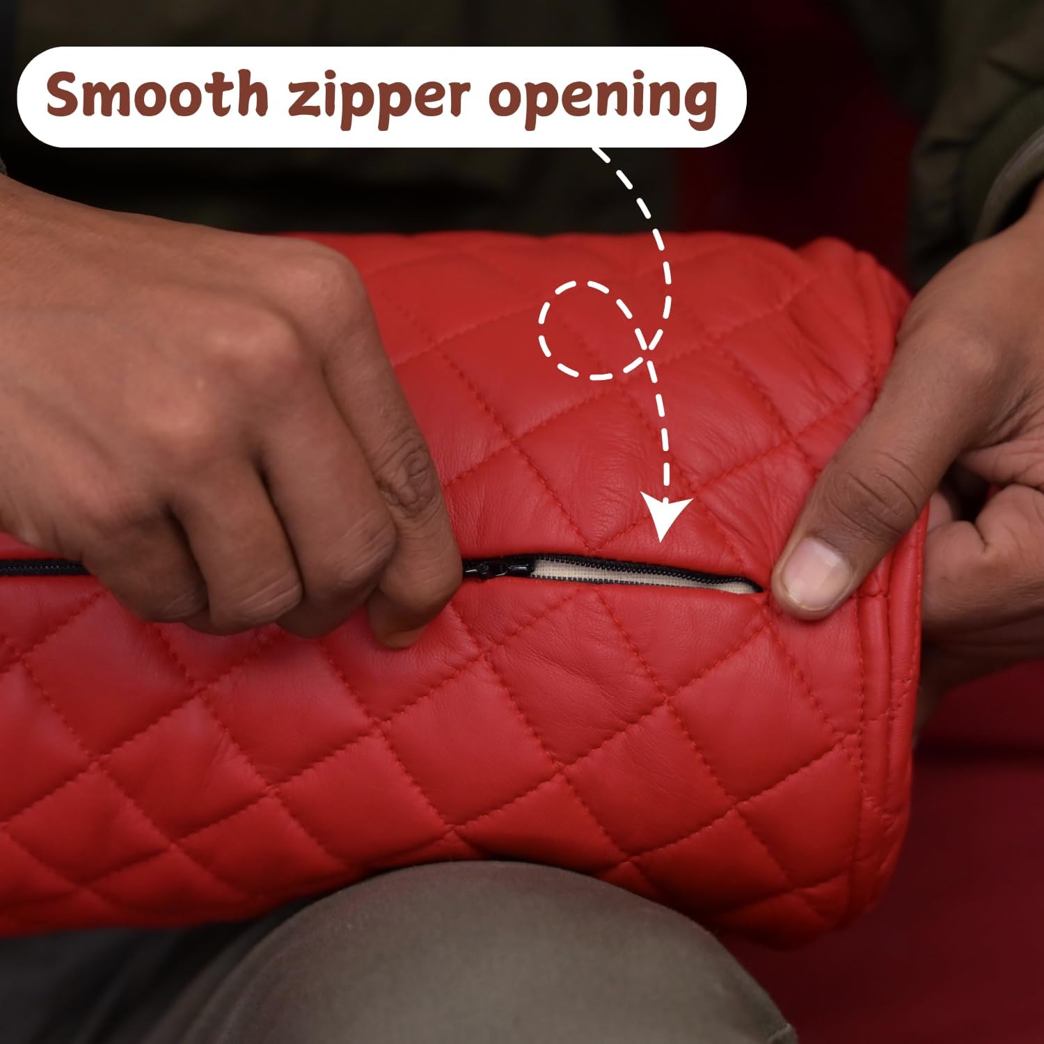 Neck Roll Pillow Cushion Cover, 24x7 Inch Full Moon Round Bolster Pillow Case, Cylinder Soft Lambskin Leather Pillowcase for Head, Spine & Neck Support During Sleep - Quilted Cherry Red Pack of 2