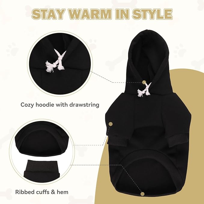 Dog Sweaters,Dog Hoodie,Cozy Fleece Interior Sweatshirt with Hood & Pocket,Leash Hole,Pet Clothes Sweater for Small,Medium,and Large Dogs,Black&L