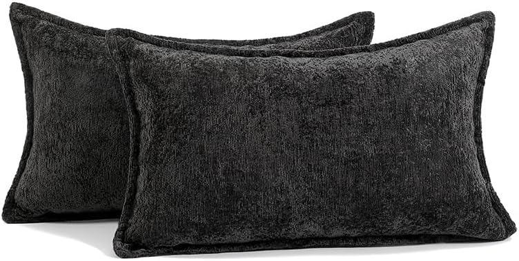 Pack of 2 Black Decorative Throw Pillow Covers 12x20 Cozy Soft Chenille Accent Vintage Rectangular Lumbar Couch Pillow Covers for Home Decor Bed Sofa Living Room