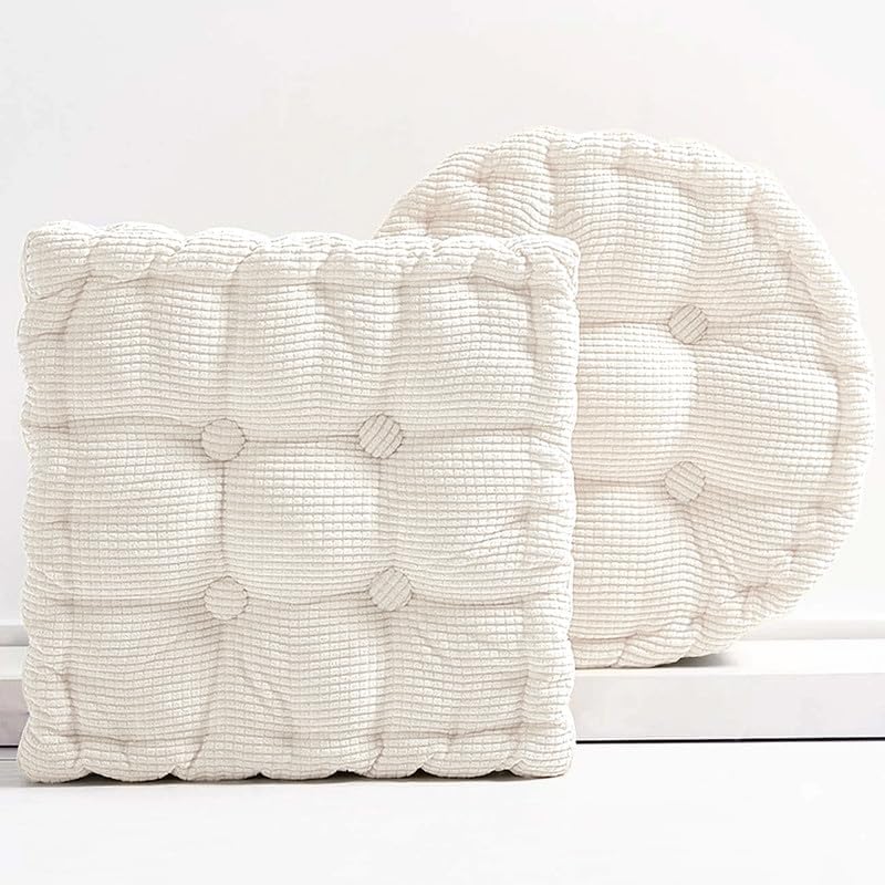 Meditation Floor Pillow Set of 2 Large Square and Round Floor Cushions for Adults White Corduroy Floor Seat Pillows Cushion for Living Room Balcony Tatami Yoga,18x18 Inch