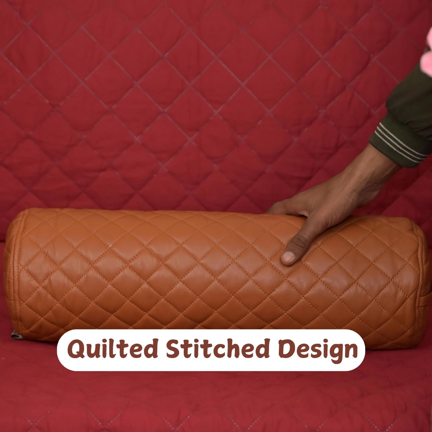 Neck Roll Pillow Cushion Cover, 22x5 Inch Full Moon Round Bolster Pillow Case, Cylinder Soft Lambskin Leather Pillowcase for Head, Spine & Neck Support During Sleep - Quilted Tan Pack of 2