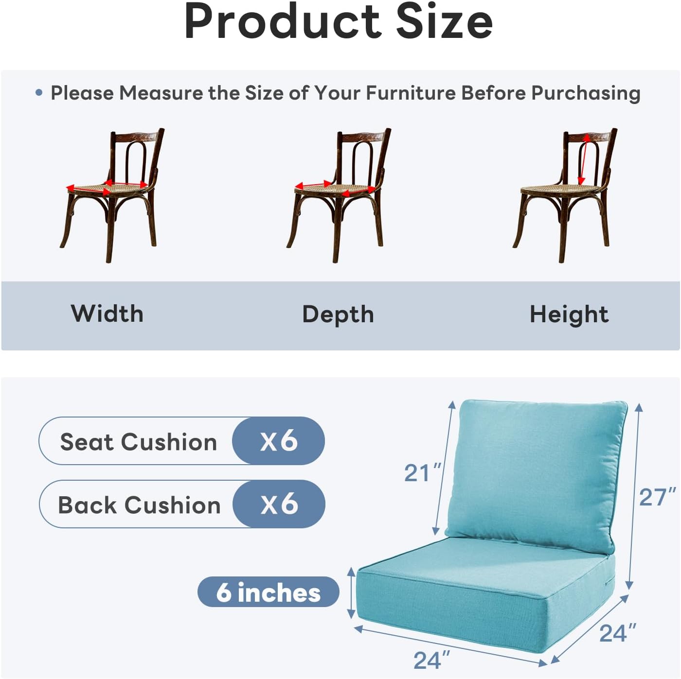 6" Thicker Outdoor Chair Cushion 6 Sets - 24" *24" *6" Waterproof Patio Furniture Cushions with Removable Cover, 28D High Density Sponge Filling Thicken Outdoor Patio Cushions - Turquoise