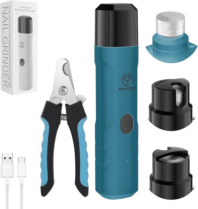 PAPIFFEED Dog Nail Grinder Upgraded with with Dog Nail Trimmers,2 LED Lights, 3-Speed Rechargeable & Quiet - Upgraded Electric Pet Nail Trimmer, Painless Paws Grooming Tool-Bule
