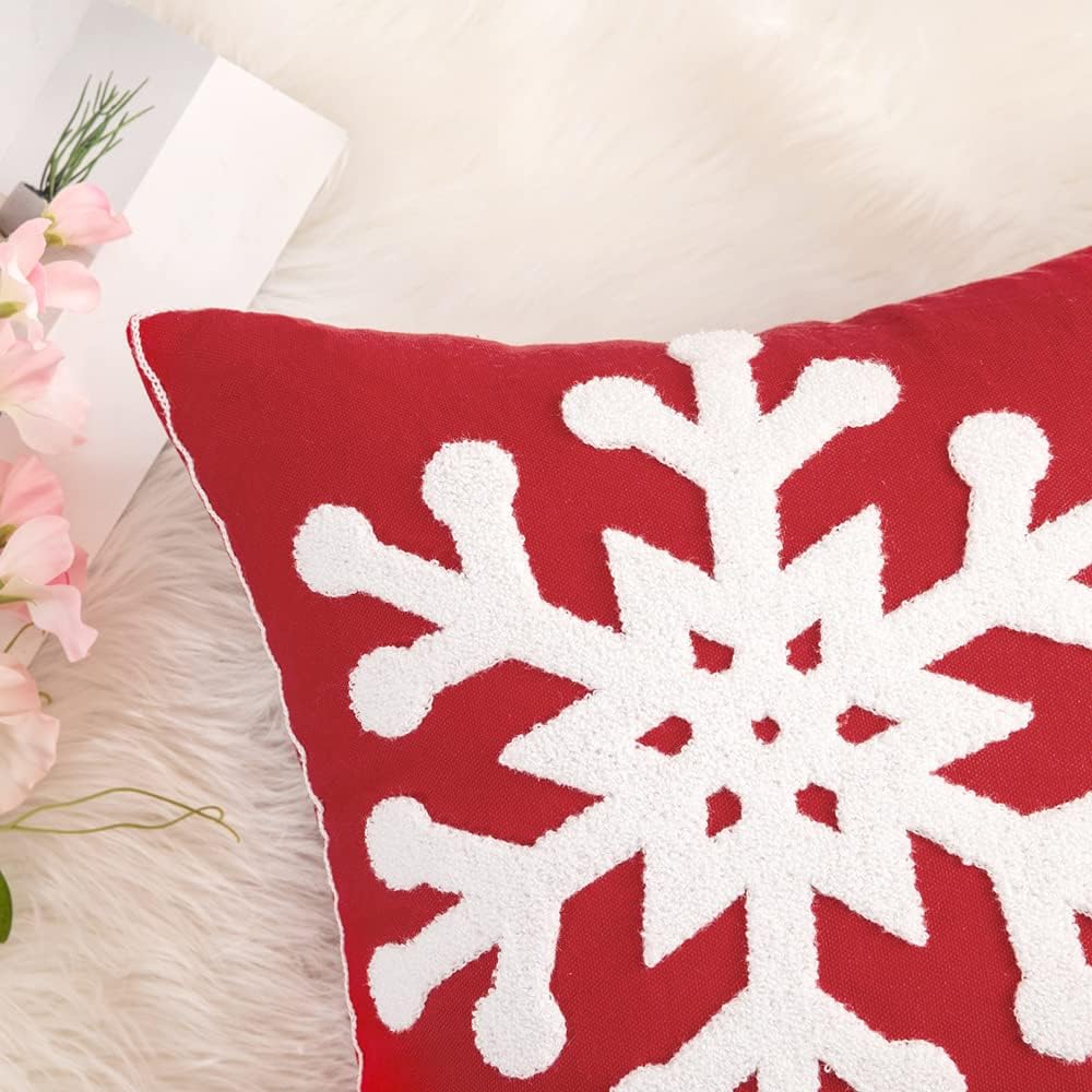 MIULEE Pack of 2 Christmas Decorative Snowflake Throw Pillow Covers Canvas Embroidery Winter Cushion Cases Holiday Decor Soft Pillowcases for Winter Couch Sofa Bedroom Car（Red, 20x20in）