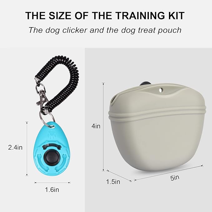 Left&Right Dog Clicker Training Kit,Silicone Dog Training Treat Pouch and Dog Clickers,Dog Treat Bag with Clicker Training for Dogs,Pet Treat Bag with Magnetic Buckle Closing and Waist Clip,Beige