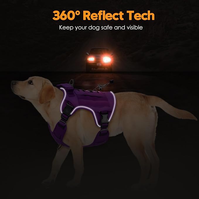 Heavy-Duty Tactical Dog Harness for Large Dogs, No Pull Adjustable Reflective Pet Vest with Molle System, K9 Military-Grade Control for Service Training, Outdoor & 10+ Breeds, Purple, X-Large
