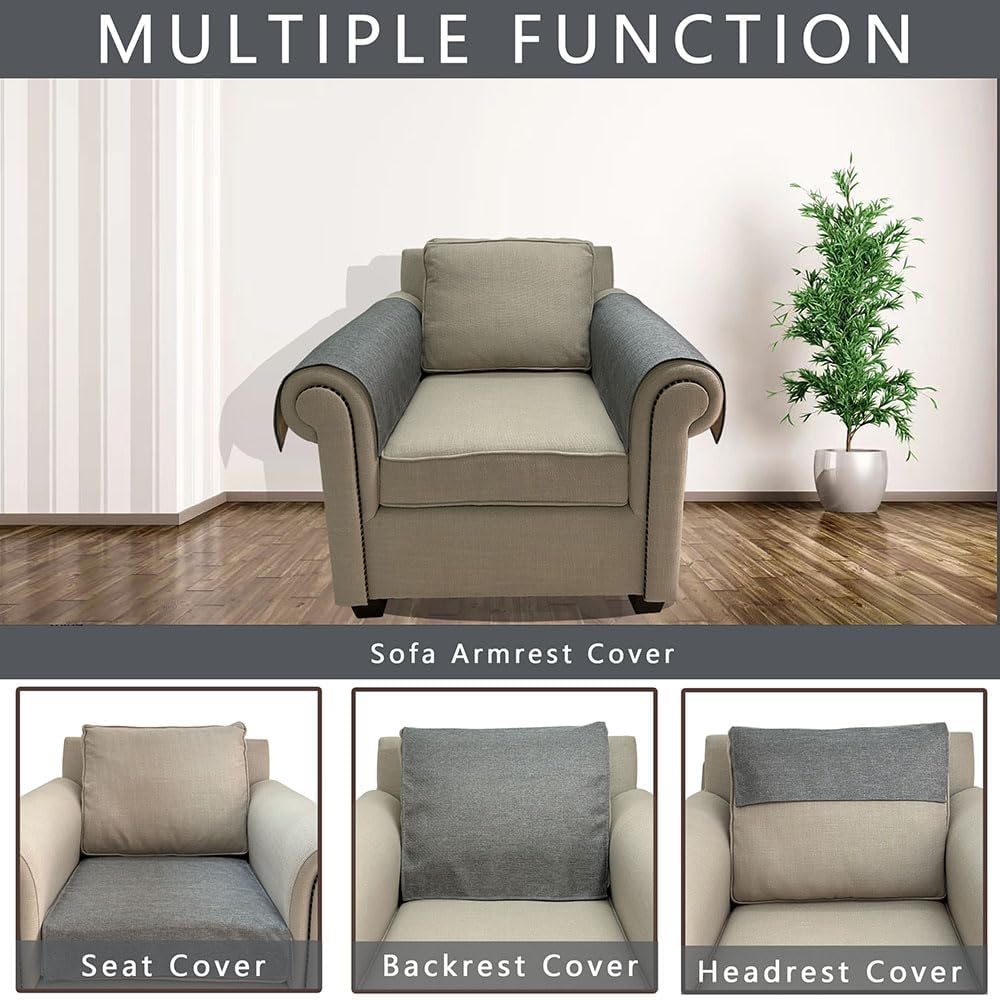 Couch Arm Covers, Anti-Slip Sofa Armrest Cover for Recliner, 2pc Washable Sofa Arm Covers, Dogs Cats Pet Scratch Proof Couch Arm Protectors, Grey, 20x24inch
