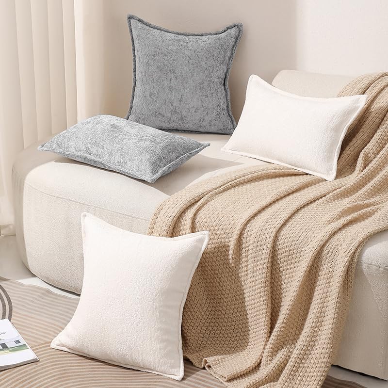 Pack of 2 Cream White Decorative Throw Pillow Covers 24x24 Cozy Soft Chenille Accent Vintage Square Couch Pillow Covers for Home Decor Bed Sofa Living Room