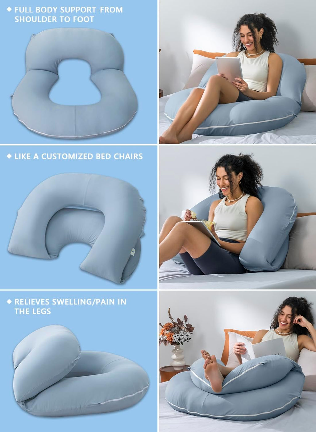 INSEN Reading Pillow, Back Pillow for Sitting in Bed and Couch, Gaming Pillow for Adults, Sit Up Support for Bed (Cooling Cotton-Blue, Basic)