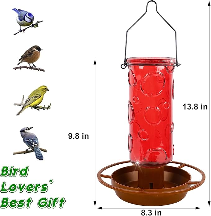 Juegoal Glass Wild Bird Waterer, 28 oz Wild Bird Feeder for Outdoors, Water Cooler with Metal Handle Hanging for Garden Tree Yard Outside Decoration, Red