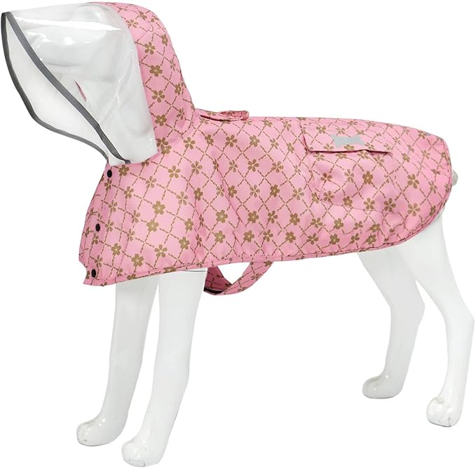 Waterproof Dog Raincoat, Adjustable Reflective Lightweight Pet Rain Clothes with Poncho Hood (Gold Cheery Blossoms Pink, Small)