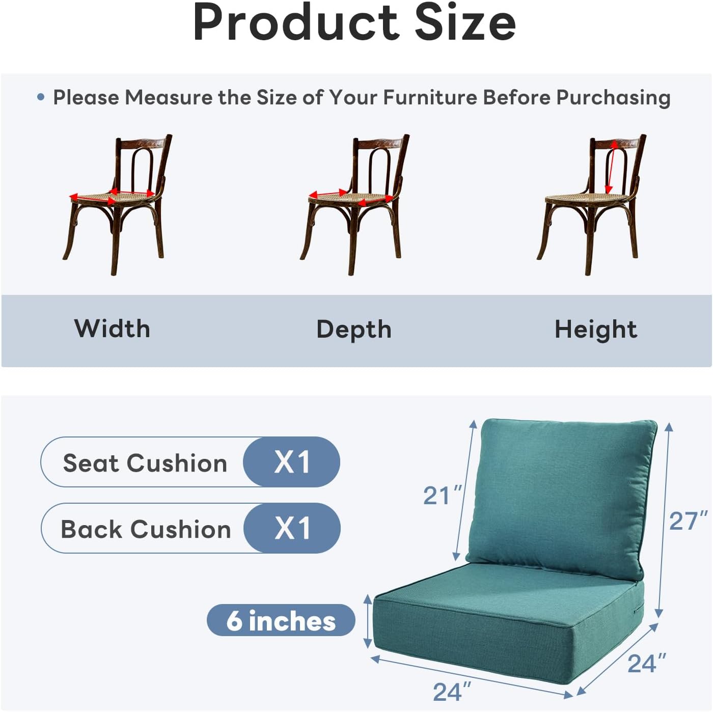 6" Thicker Outdoor Chair Cushions Set- 24" *24" *6" Waterproof Patio Furniture Cushions with Removable Cover, 28D High Density Sponge Filling Thicken Outdoor Patio Cushions - Peacock Blue