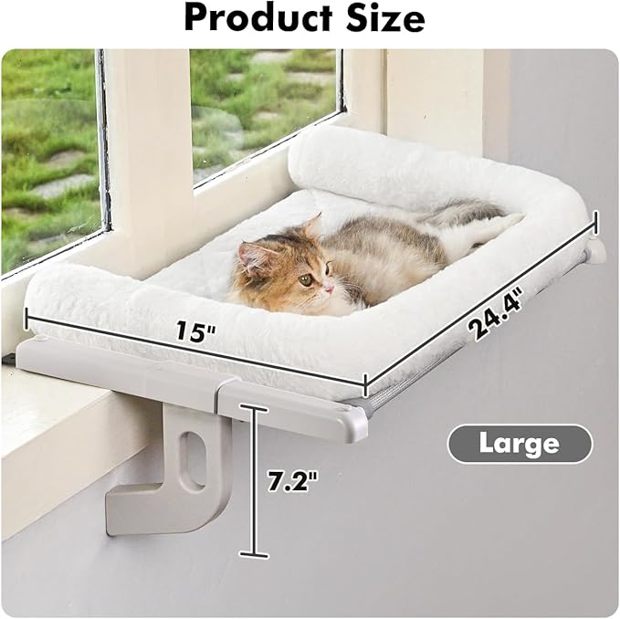 Cat Window Sill Perch with Large Bolster, Easy to Adjust & Assemble Cat Window Seat for Windowsill & Bedside, Pet Hammock Bed for Large Cats and Kittens (White, L)