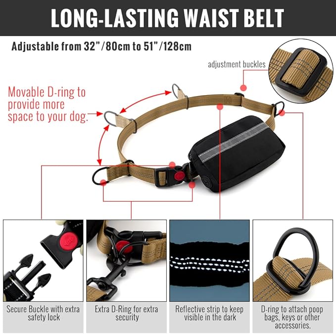 Plutus Pet Hands Free Dual Handle Retractable Bungee Leash with Reflective Stitches, Adjustable Waist Leash for Dog Walking, Running, Jogging, Medium Large Dogs