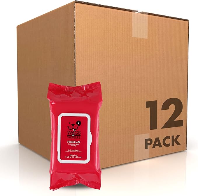 Wags & Wiggles Freshen Deodorizing Wipes for Dogs, Fresh Strawberry Scent - Dog Wipes Eliminate Odors - Easy and Convenient Way to Freshen Your Pet Without A Bath, 100 Count - 12 Pack