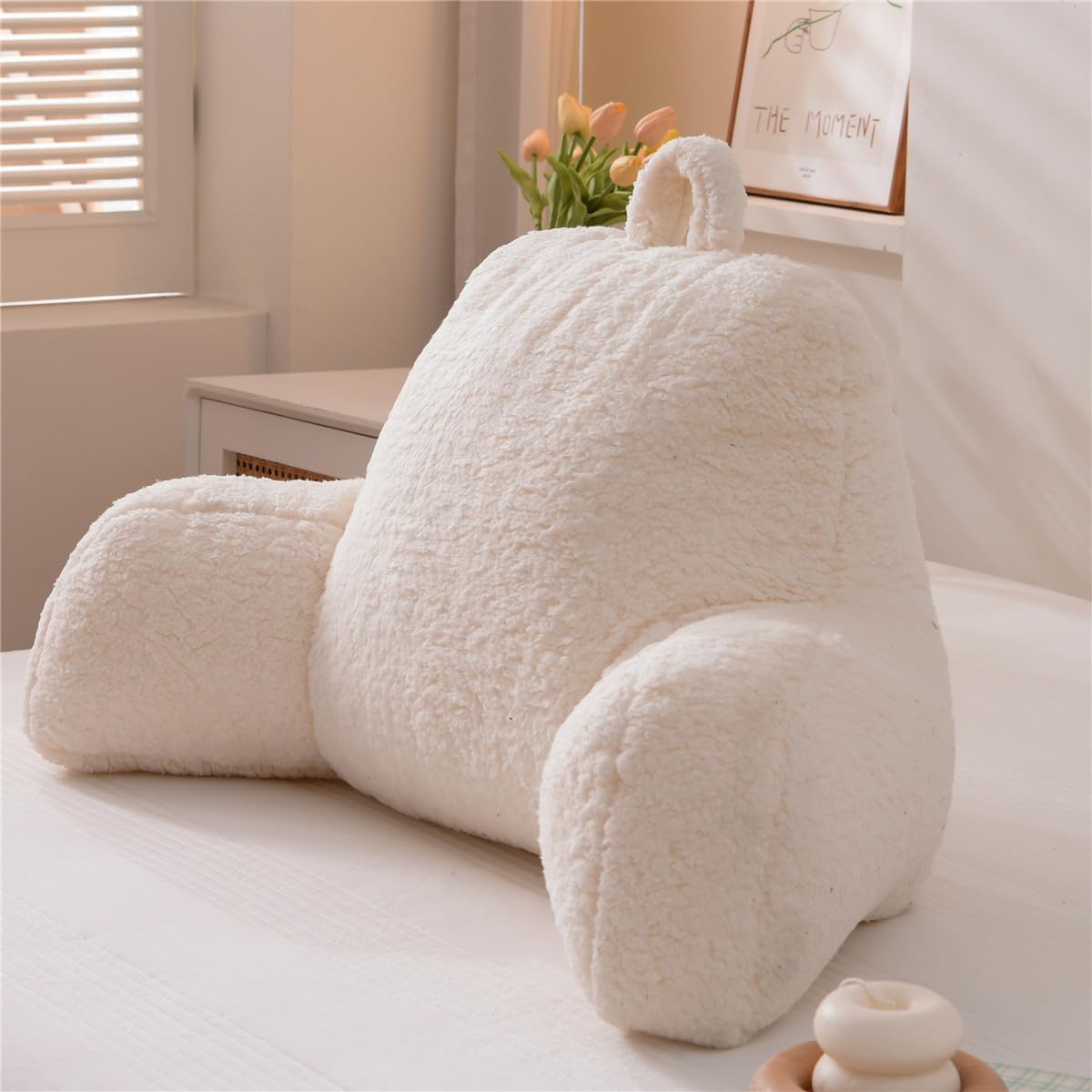 NTBED Sherpa Reading Pillow for Backrest with Arms, Kids Adult Bed Rest Pillow Back Support for Sitting Up in Bed Chair Pillow(White)