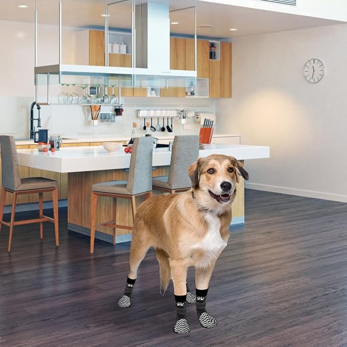 PUPTECK Anti Slip Dog Socks 2 Pairs with Double Grippers for Hardwood Floors, Shoes for Hot/Cold Pavement, Boots & Paws Protectors to Prevent Licking, Traction Booties for Senior Small Large Dogs