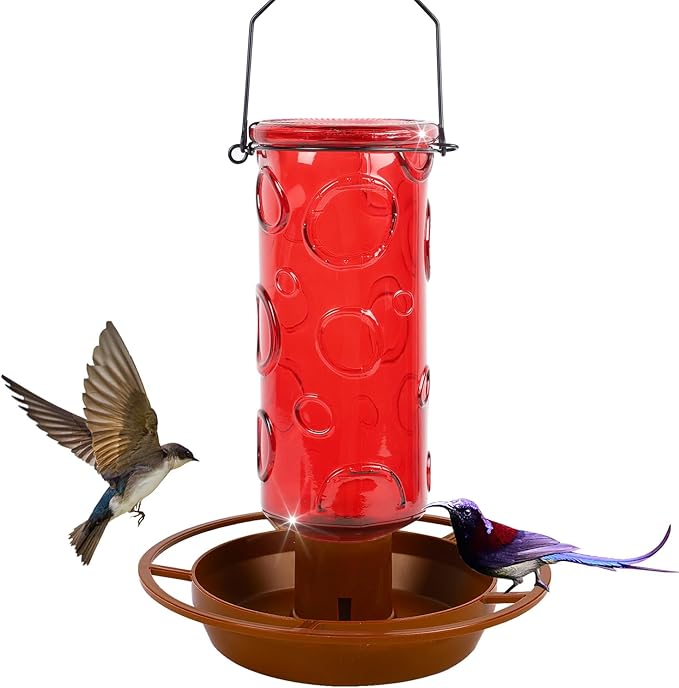 Juegoal Glass Wild Bird Waterer, 28 oz Wild Bird Feeder for Outdoors, Water Cooler with Metal Handle Hanging for Garden Tree Yard Outside Decoration, Red