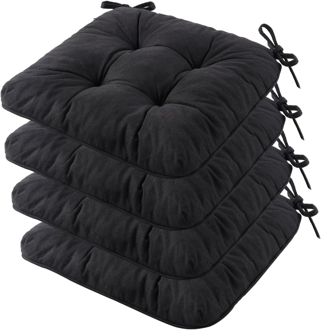 Chair Cushions for Dining Chairs, Tufted Foam Kitchen Chair, Non-Slip Seat Cushions with Ties Set of 4, 15.5" x 15.5" x 4", Black