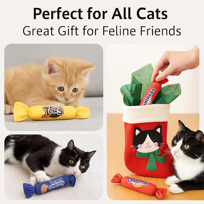 Catnip Candy Toys for Indoor Cats – 3-Pack Crinkle Cat Toys with Catnip Pouches, Durable Canvas & Soft Filling, Cat Chew Toys for Kittens & Adults (Yellow)