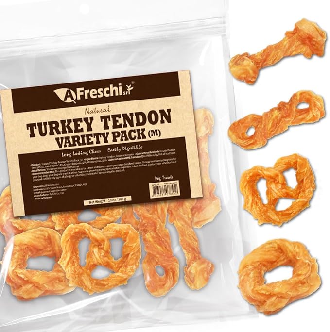 AFreschi Turkey Tendons for Dogs, USA-Sourced, Healthy Dog Treats, Rawhide-Free Puppy Chews, Long Lasting, All Natural, Hypoallergenic Dog Treats for Medium Breeds, 10 oz Pack Variety (M)
