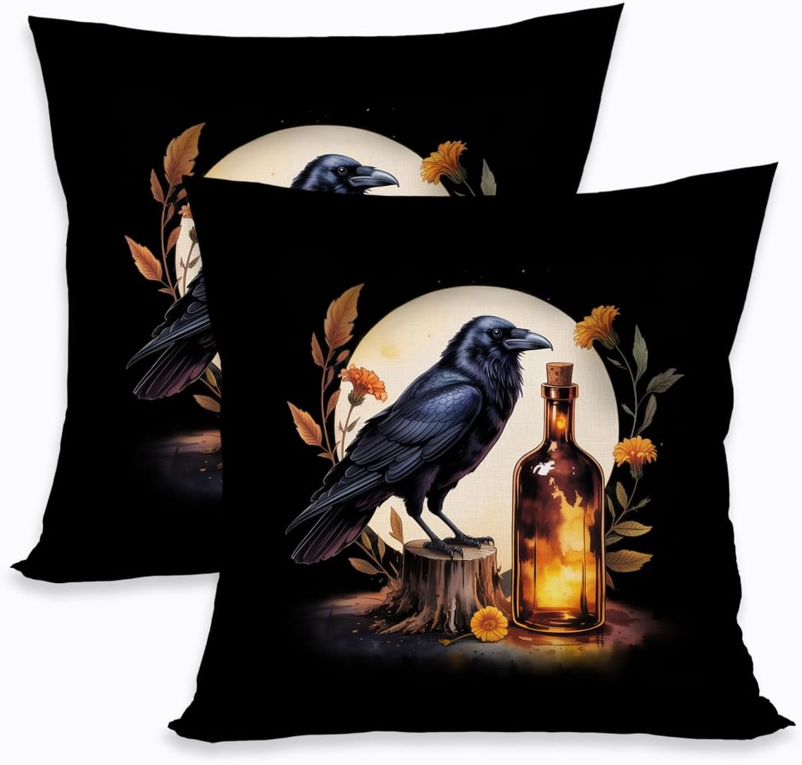 2 Pcs Black Crow Gothic Throw Pillow Cover, Vintage Raven Black Flower Cotton Decorative Cushion Cover, Gifts for Women Friend Sister Coworker Birthday Christmas Mothers Day Friendship