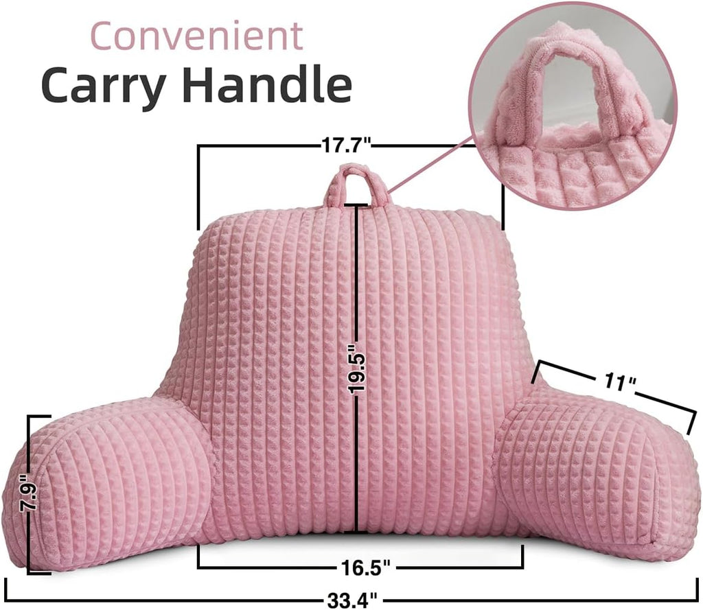 Holawakaka Reading Pillow for Bed and Sofa Couch Sitting Up, Backrest Pillows with Arms for Kids Teens Adults, Back Support Cushion for Lounging, Watching TV, Working on Laptop, Pink