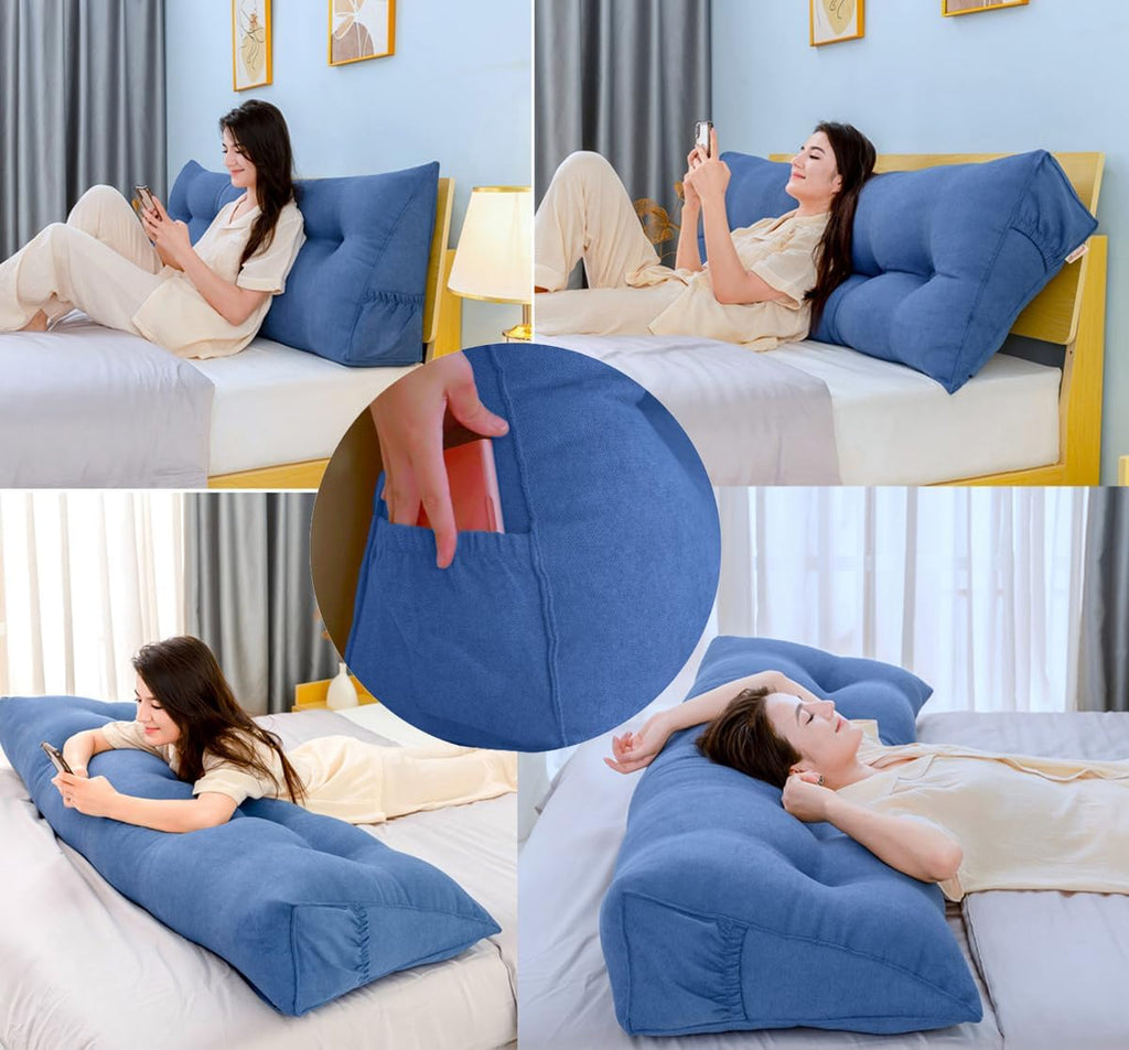 Triangular Reading Bed Rest Pillow Large Bolster Cushion Headboard Backrest Wedge Pillow with Removable Cover and Two Large Side Pockets (Beige, 47 x 8 x 20 inches)