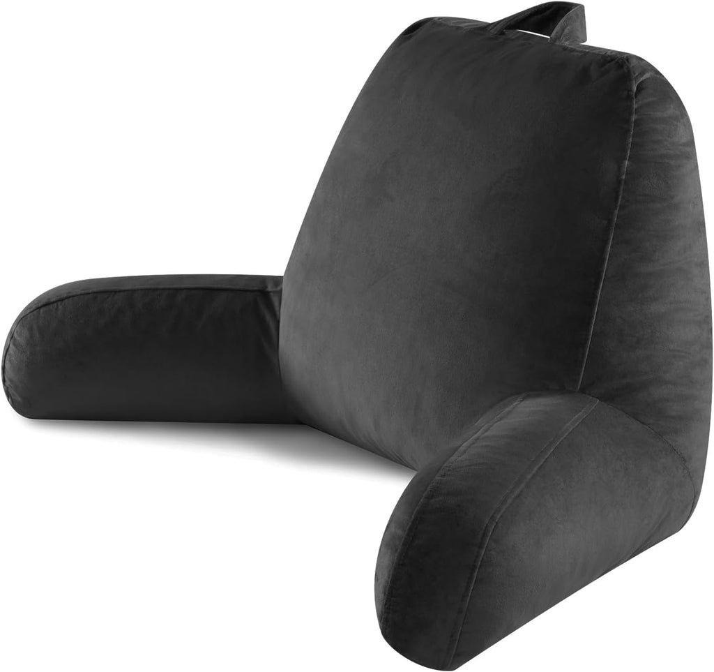 Reading Pillow for Sitting in Bed Adult, Reading Pillow with Shredded Memory Foam, Bed Pillow with Washable Cover, Back Pillow Sitting Up with Extend Arms, Black, Large