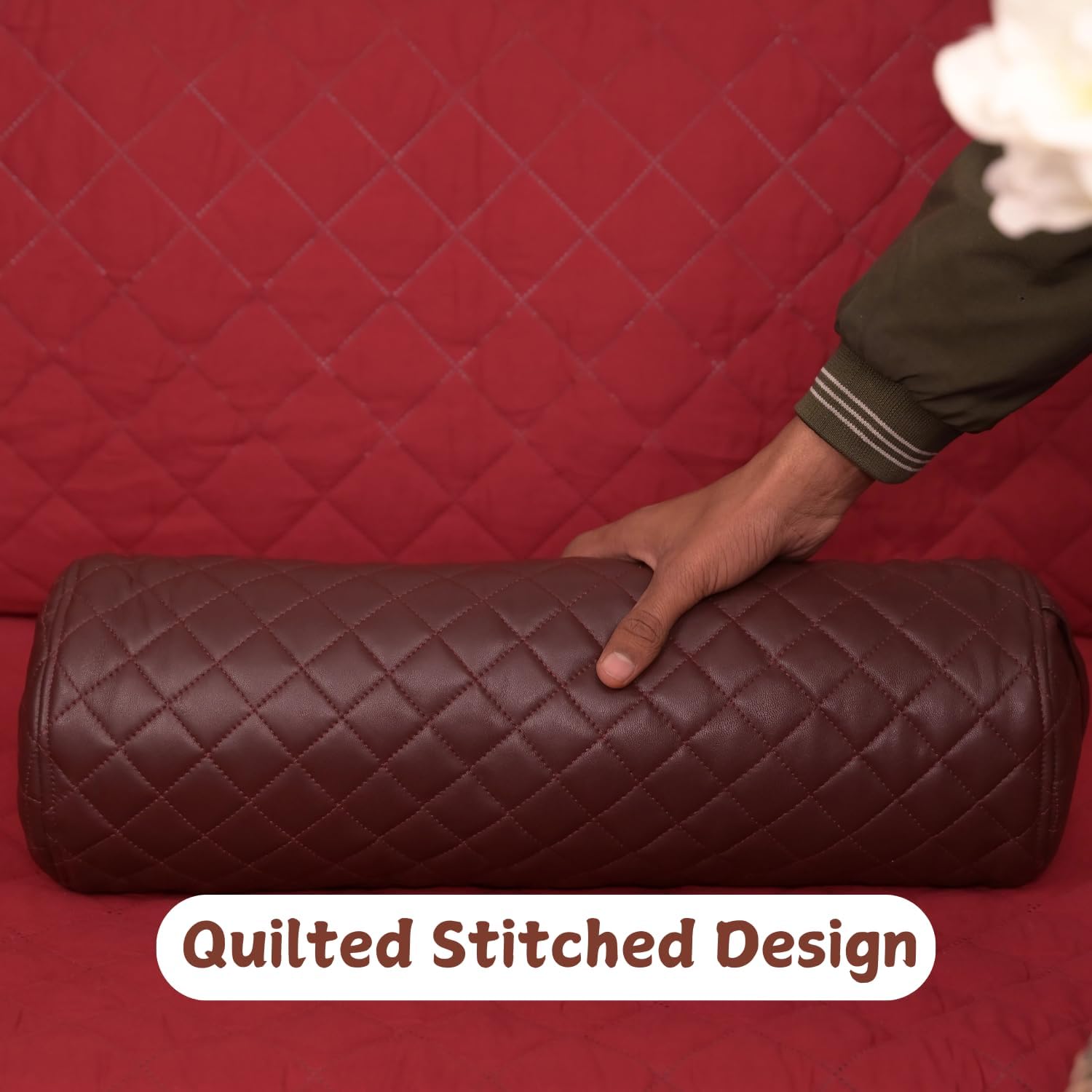 Neck Roll Pillow Cushion Cover, 18x7 Inch Full Moon Round Bolster Pillow Case, Cylinder Soft Lambskin Leather Pillowcase for Head, Spine & Neck Support During Sleep - Quilted Dark Brown Pack of 1