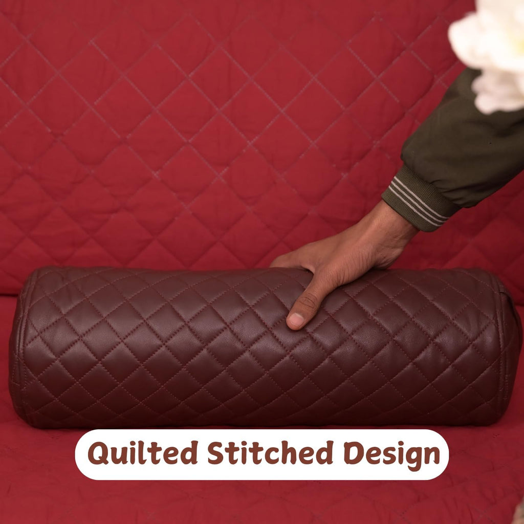 Neck Roll Pillow Cushion Cover, 18x6 Inch Full Moon Round Bolster Pillow Case, Cylinder Soft Lambskin Leather Pillowcase for Head, Spine & Neck Support During Sleep - Quilted Dark Brown Pack of 1