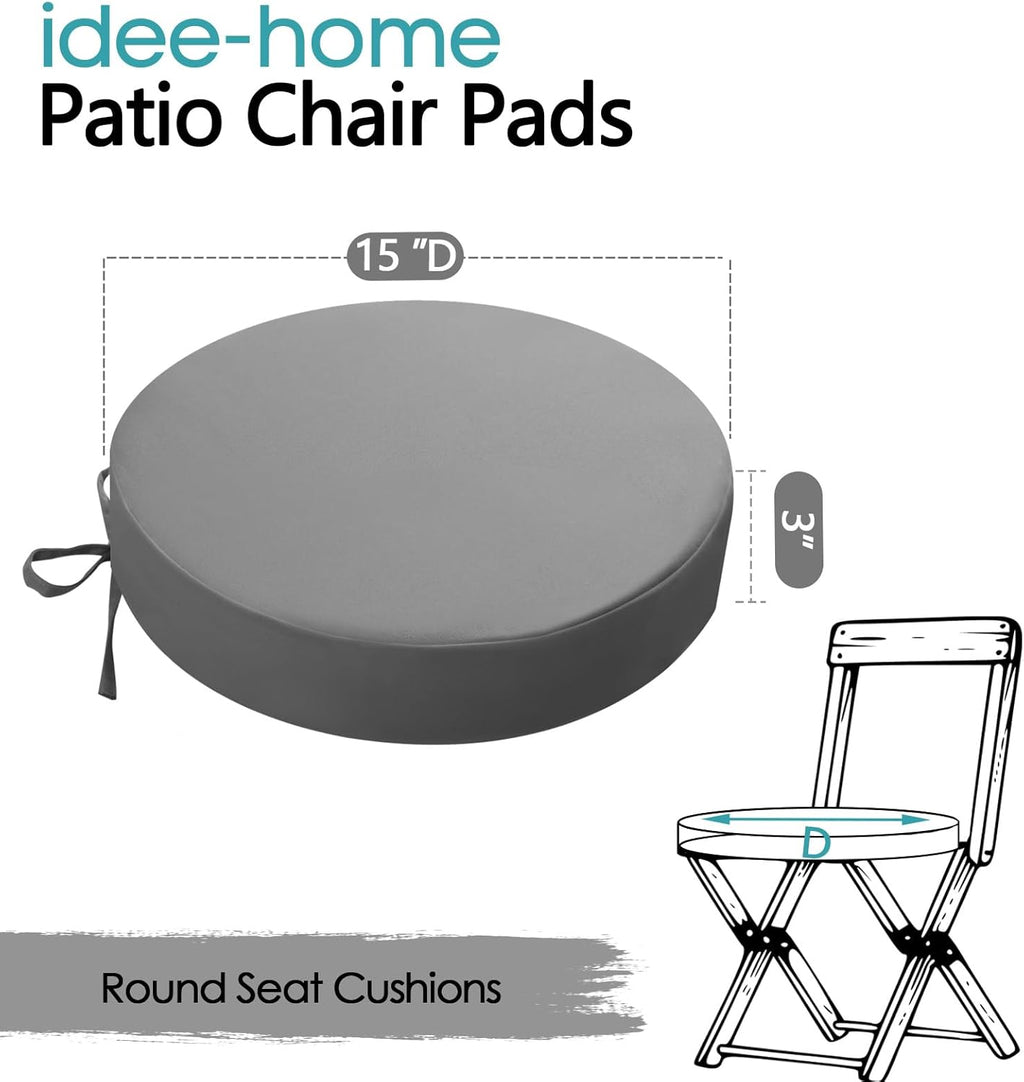 idee-home Outdoor Bistro Chair Cushions, 15”x15”x 3” Thick Outdoor Round Seat Cushions Set of 4 with Ties, Waterproof Round Patio Furniture for Garden