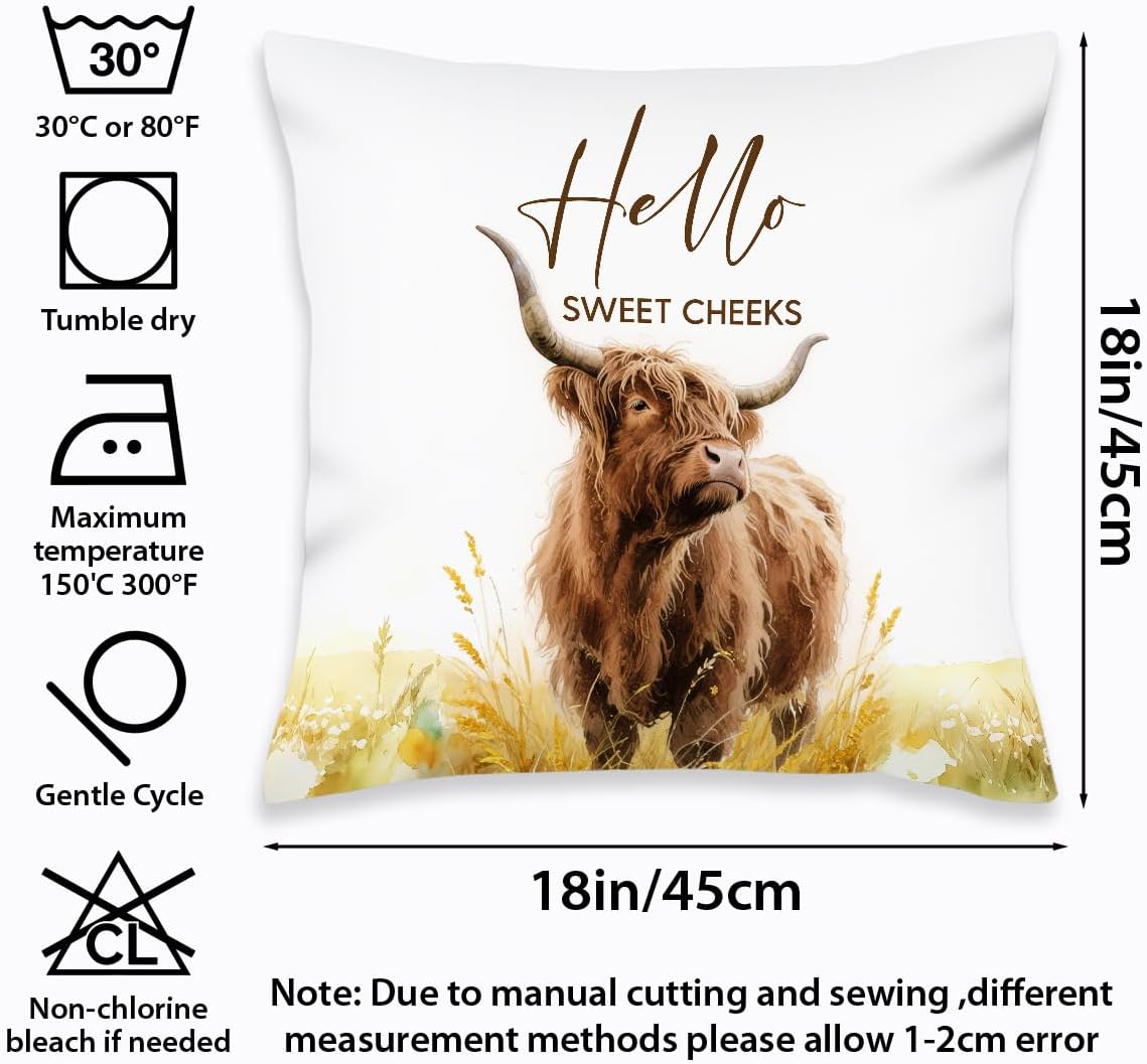 2 Pcs Highland Western Cow Decor Throw Pillow Cases, Farm Square Decorative Pillow Cover, Linen Decorations Cushion Case for Sofa Couch for Couch Sofa Bed Bedroom Living Room Office Home Decor