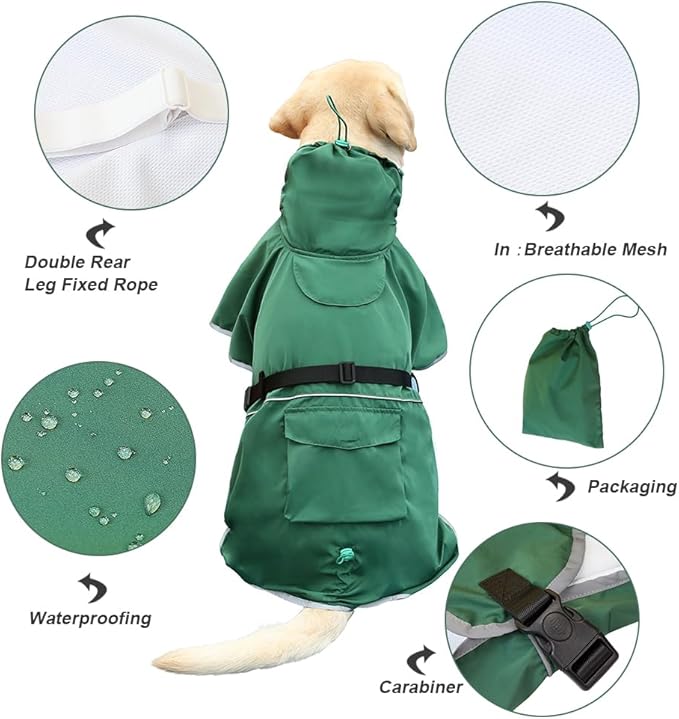 Reflective Dog Raincoat Waterproof Adjustable Dog Hooded Poncho Raincoat for Medium Large Dogs, Lightweight Pet Rain Jacket (Green, 2XL)