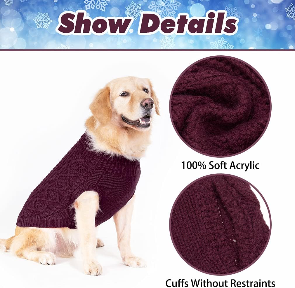 BINGPET Thermal Knitted Dog Sweater for Small Medium Large Dogs,Winter Dog Cat Coat Warm Sweartershirts Outfits,Classic Cable Knit Turtleneck Pullover Dog Jumper Coat Warm Sweartershirts