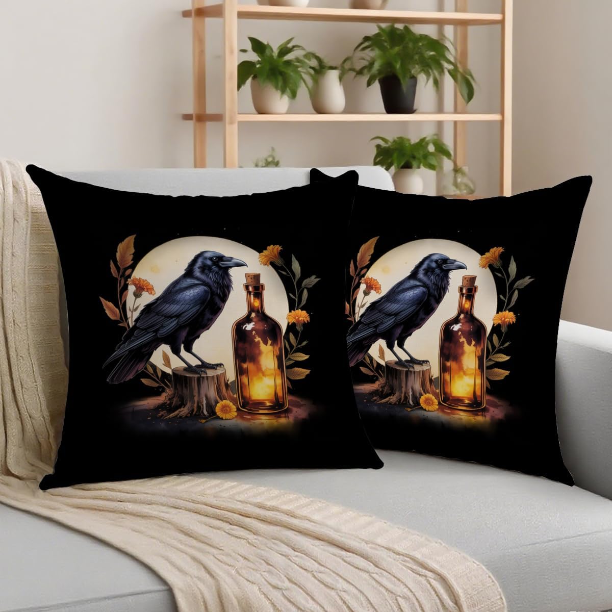 2 Pcs Black Crow Gothic Throw Pillow Cover, Vintage Raven Black Flower Cotton Decorative Cushion Cover, Gifts for Women Friend Sister Coworker Birthday Christmas Mothers Day Friendship