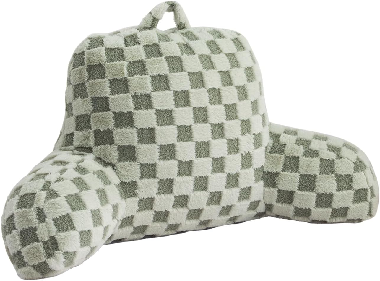 Aimuan Reading Pillow Checkered Bed Rest Wedge Backrest Checkerboard Pillow with Arms Back Support for Sitting Up in Bed Cushion Incline Rest Sleeping Snoring Pillow, Light Green