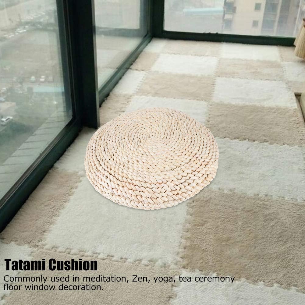Japanese Round Tatami Hand Woven Floor Cushion, Meditation Yoga Mat, Corn Bran Pouf with Silk Floss Filler, Ergonomic for Zen Tea Ceremony, Home Decor, 40x40x6cm