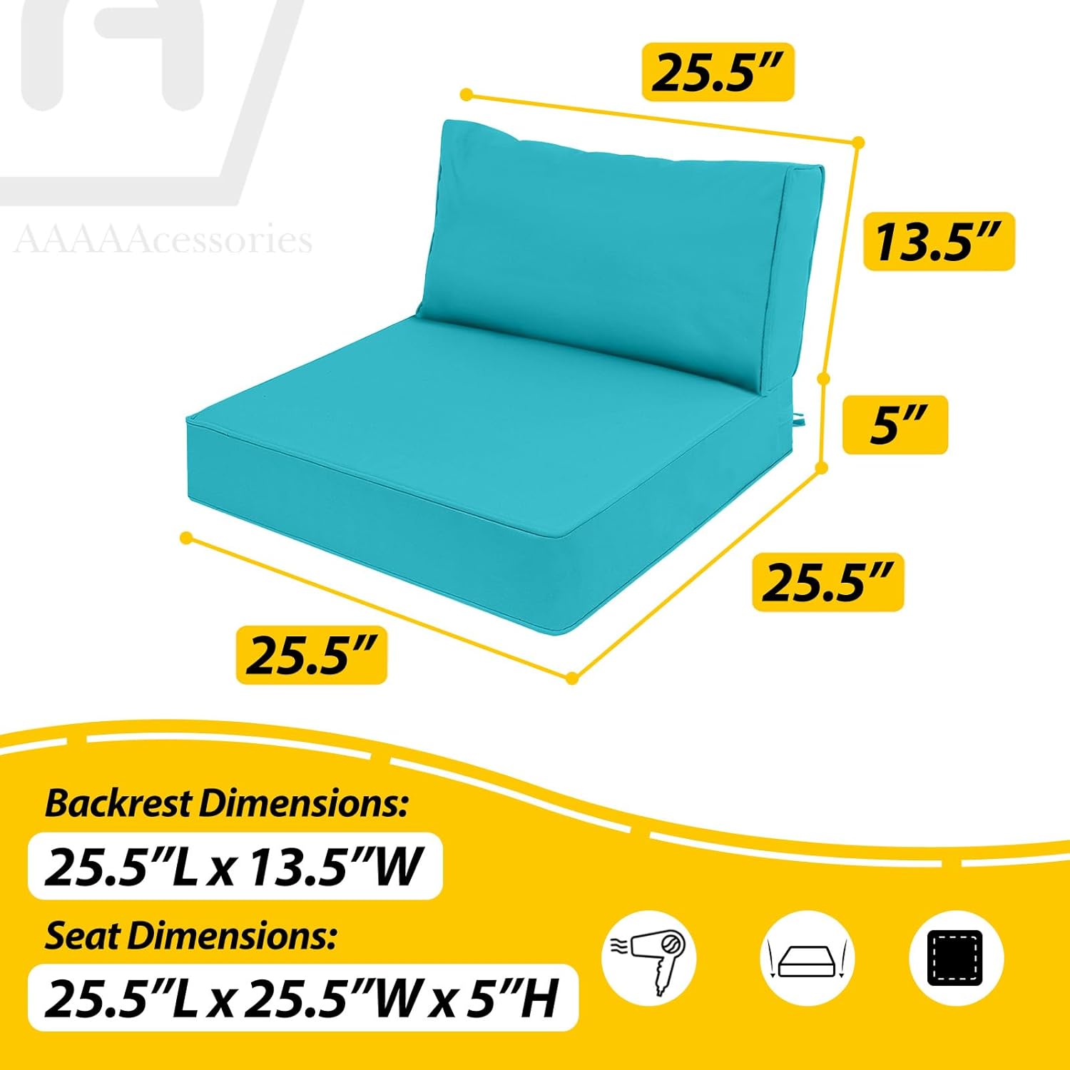 AAAAAcessories Outdoor Deep Seat Cushions, Waterproof, Fade-Resistant Patio Furniture Replacement Cushions, 25.5" x 25.5" x 5" + 25.5" x 13.5", Turquoise Blue
