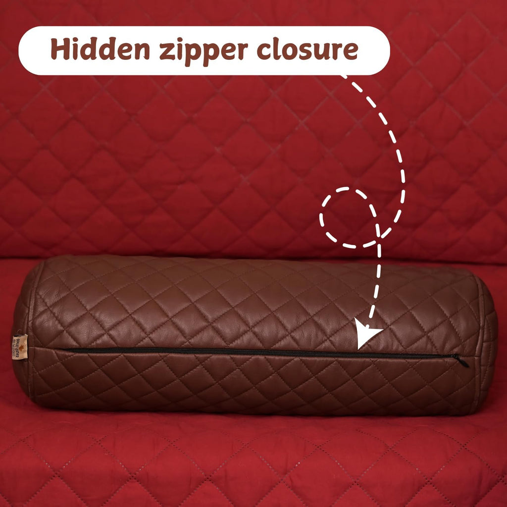 Neck Roll Pillow Cushion Cover, 22x6 Inch Full Moon Round Bolster Pillow Case, Cylinder Soft Lambskin Leather Pillowcase for Head, Spine & Neck Support During Sleep - Quilted Chocolate Brown Pack of 1