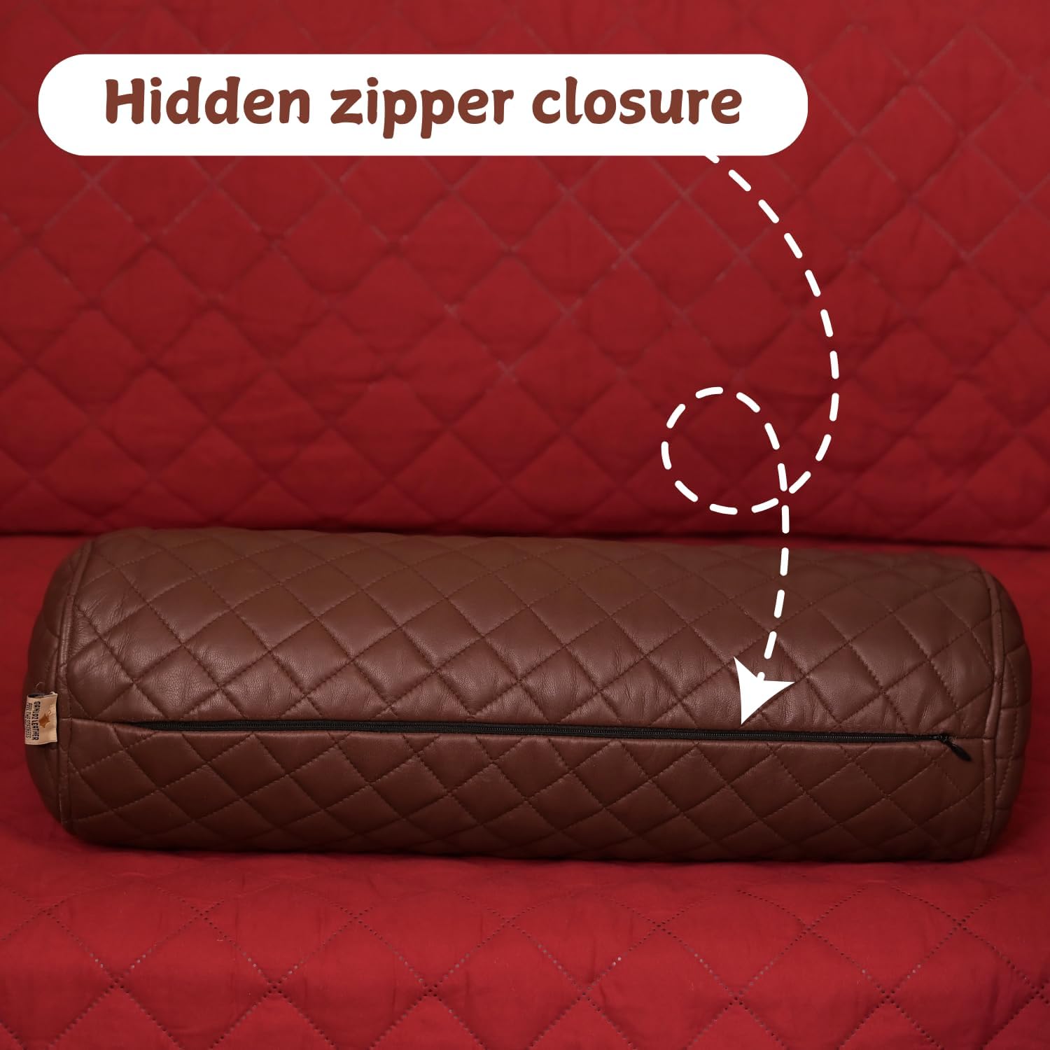 Neck Roll Pillow Cushion Cover, 20x6 Inch Full Moon Round Bolster Pillow Case, Cylinder Soft Lambskin Leather Pillowcase for Head, Spine & Neck Support During Sleep - Quilted Chocolate Brown Pack of 1