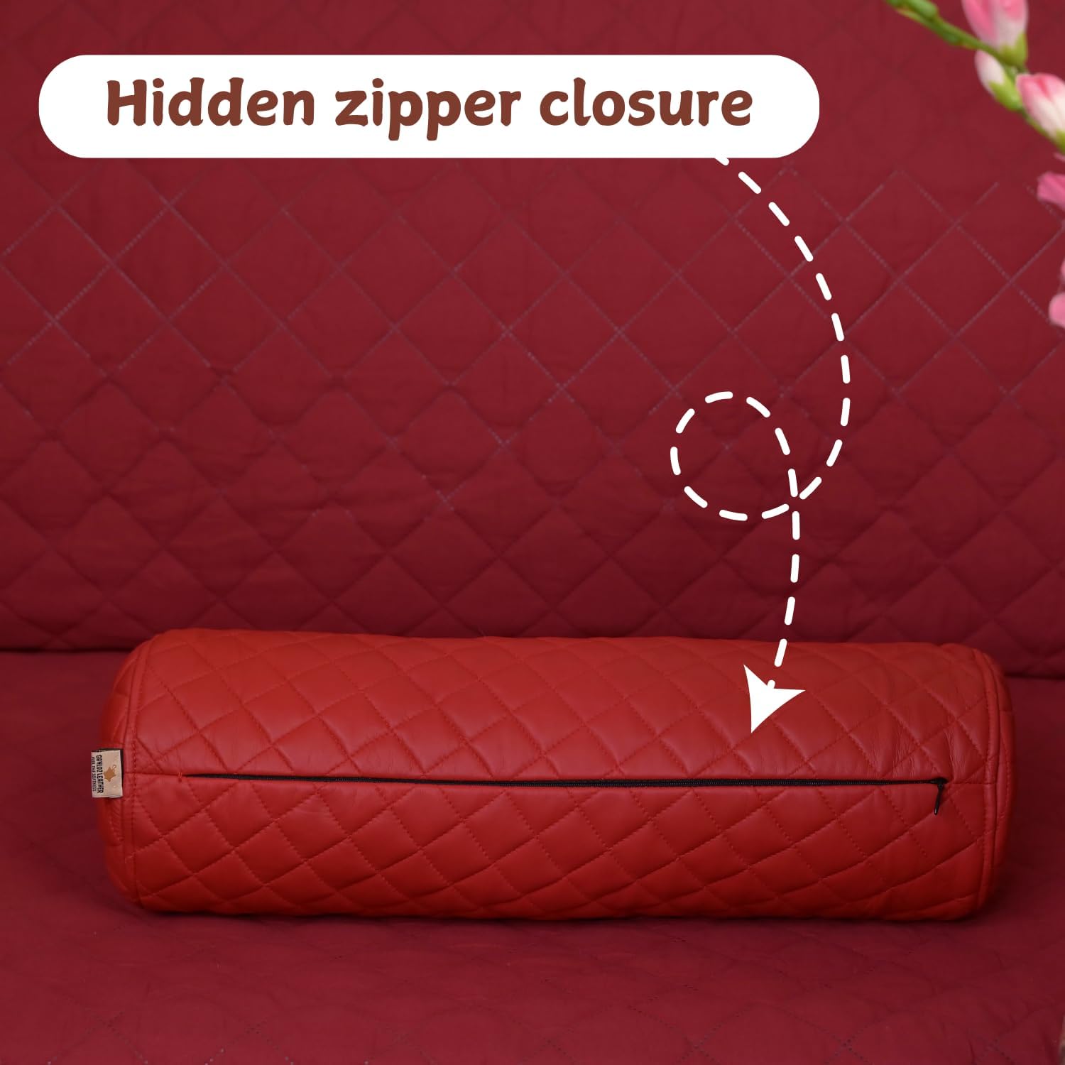 Neck Roll Pillow Cushion Cover, 18x7 Inch Full Moon Round Bolster Pillow Case, Cylinder Soft Lambskin Leather Pillowcase for Head, Spine & Neck Support During Sleep - Quilted Cherry Red Pack of 2