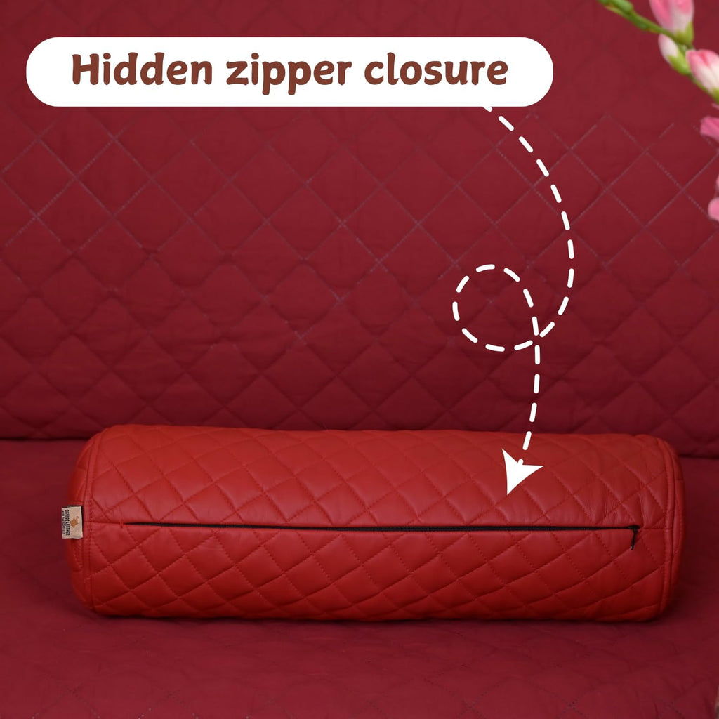 Neck Roll Pillow Cushion Cover, 14x6 Inch Full Moon Round Bolster Pillow Case, Cylinder Soft Lambskin Leather Pillowcase for Head, Spine & Neck Support During Sleep - Quilted Cherry Red Pack of 1