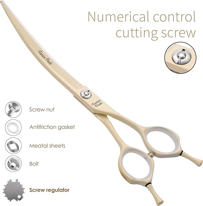Fenice Peak Curved Dog Grooming Scissors with Cream Color Coating 440C Stainless Steel Pet Grooming Bending Shears Sharp and Durable Comfortable Engonomic Handle