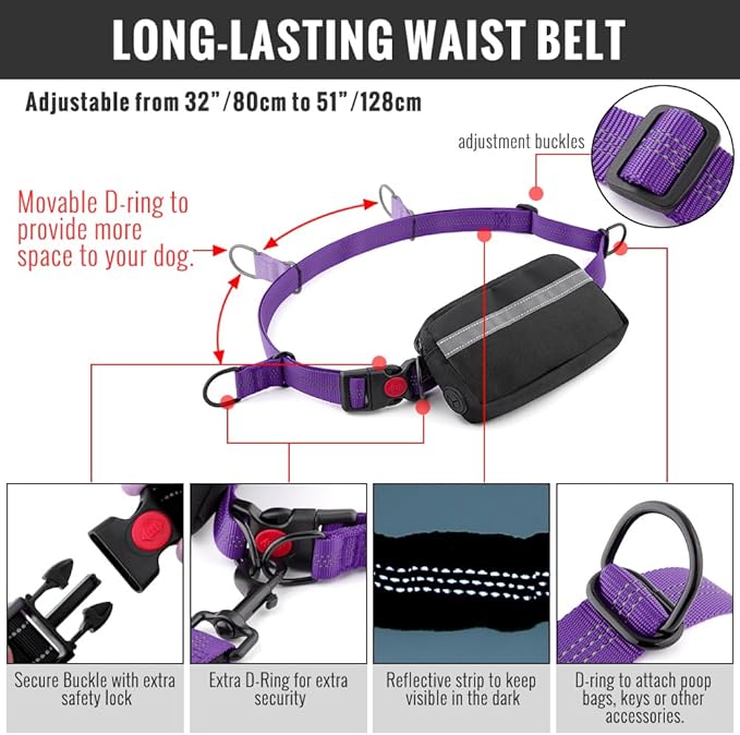 Plutus Pet Hands Free Dual Handle Retractable Bungee Leash with Reflective Stitches, Adjustable Waist for Dogs Walking, Jogging, for Medium Large Dogs