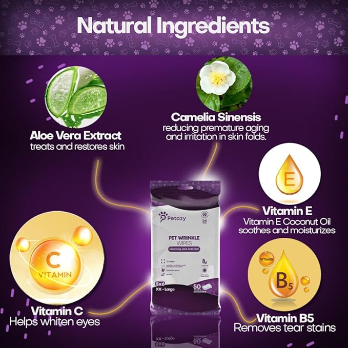 Wrinkle Wipes for Dogs 50 Count | 3X Larger Dog Face Wipes for French Bulldog and Pug - Cleanse Skin Folds, Tear Stains, Tail Pockets | Anti-Itch, Soothing, & Hypoallergenic with Coconut Oil