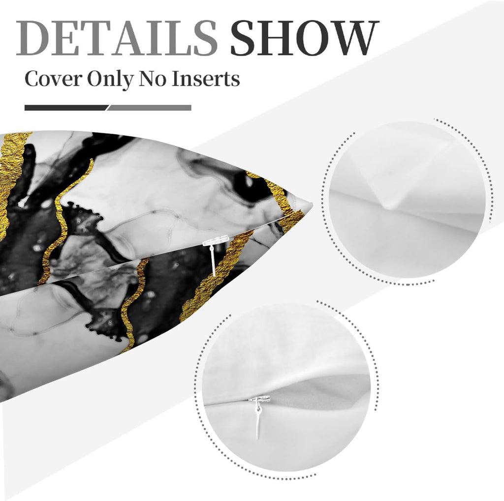 Black Gold Grey Marble Throw Pillows Covers 18x18 Inch Set of 4, Abstract Modern Decorative Pillow Cases for Sofa Couch Bedroom Living Room Home Black and Gold Decor Cushion Covers