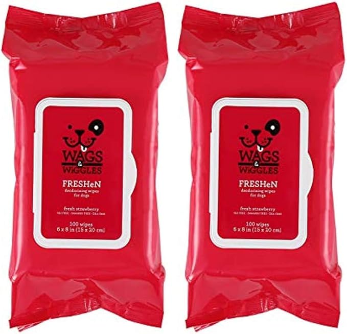 Wags & Wiggles Freshen Deodorizing Wipes for Dogs | Eliminate Odors from Your Dog's Coat | Fresh Strawberries, 100 Count | Easy and Convenient Way to Freshen Your Pet Without A Bath, FF12825