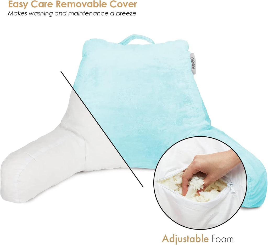 Nestl Reading Pillow with Shredded Memory Foam, Designed for Sitting Up in Bed and Couch, Back and Arms Adjustable Support for Adult & Teens Backrest Pillows for Reading with Washable Cover Light Blue