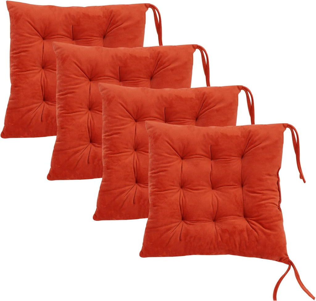 Set of 4 Square Chair Pads Indoor Seat Cushions Pillows with Ties Soft Comfortable Non Slip Chair Mat for Kitchen Dining Office Desk Living Room Outdoor Tatami 15.5" - Orange